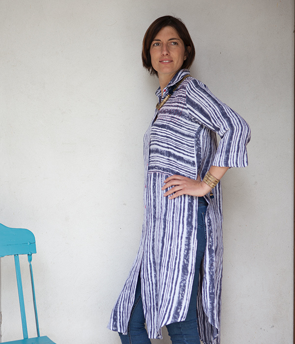 Camicia lunga a righe in cotone doppiato impunturato