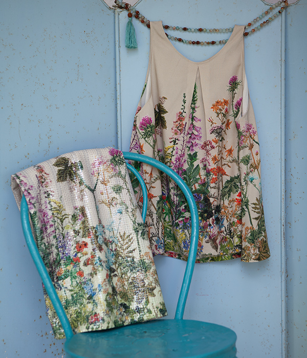 Top stampato a fiori in rayon / Gonna stampata a fiori con paillettes