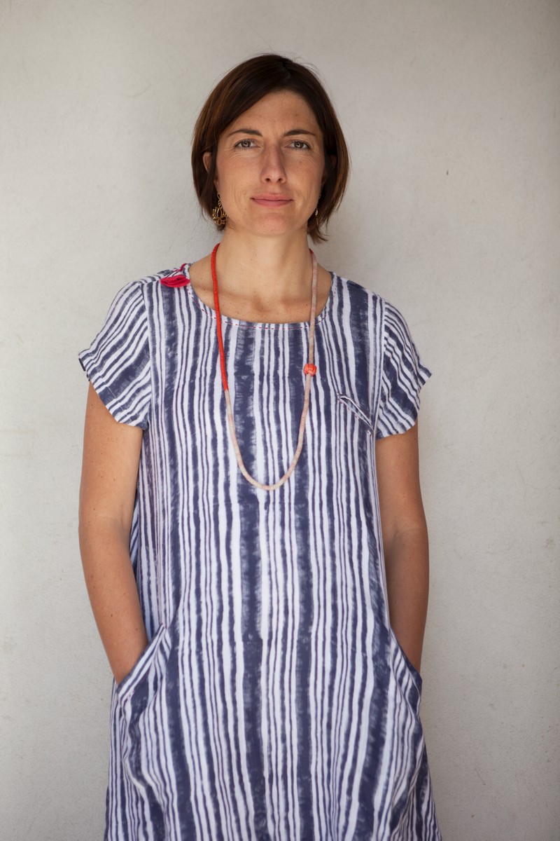 Vestito svasato a righe in cotone doppiato