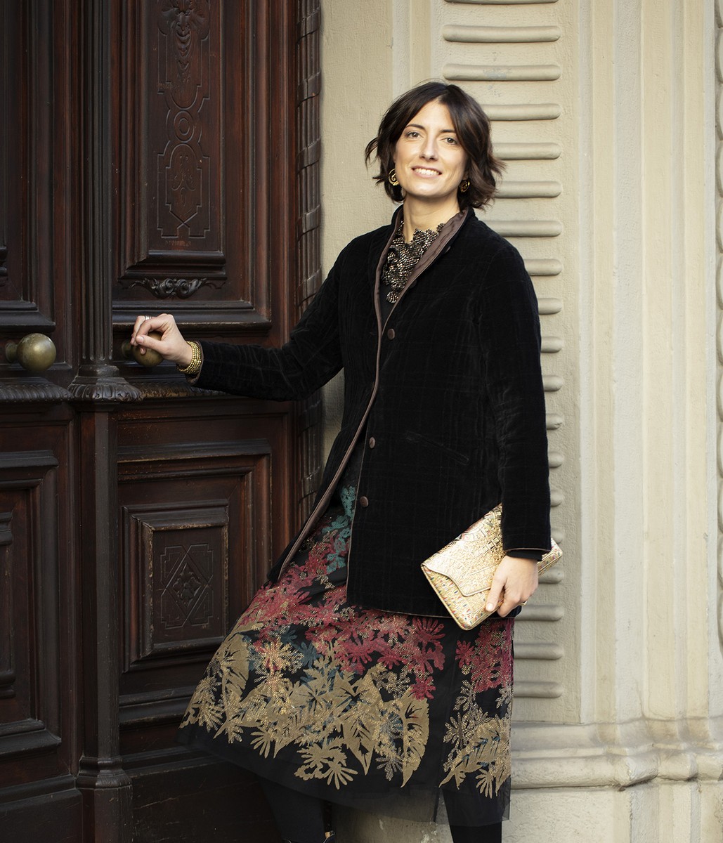 Giacca lunga trappuntata in velluto di cotone / gonna tulle e pizzo