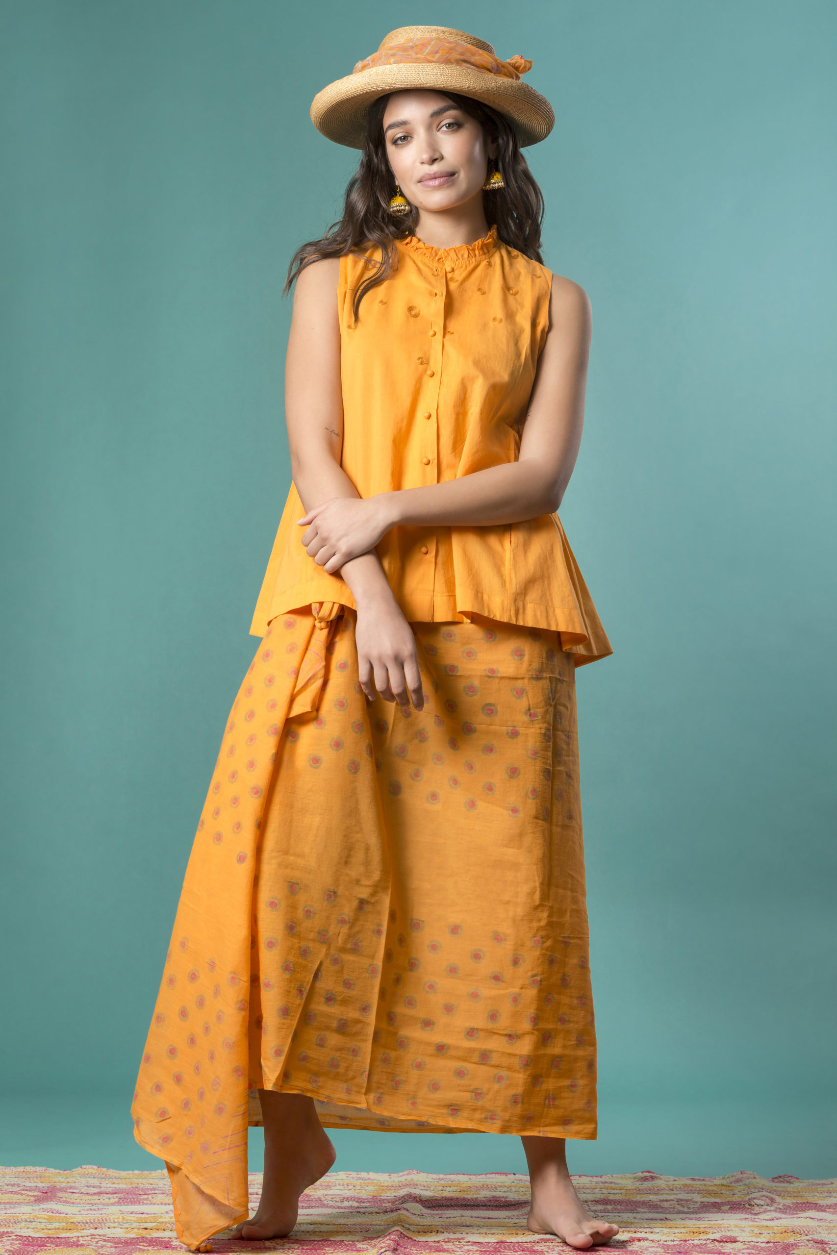 Camicia arricciata in mussola / Pareo block print