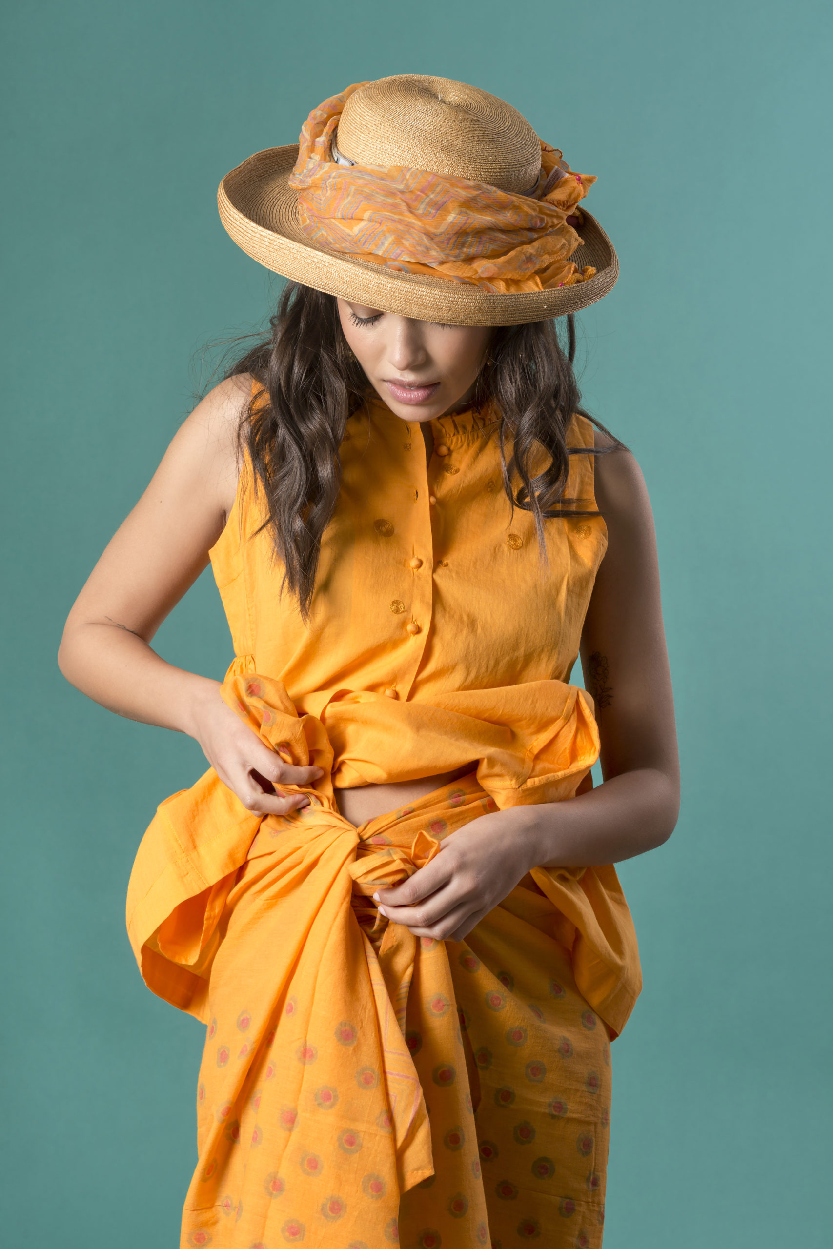 Camicia arricciata in mussola / Pareo block print