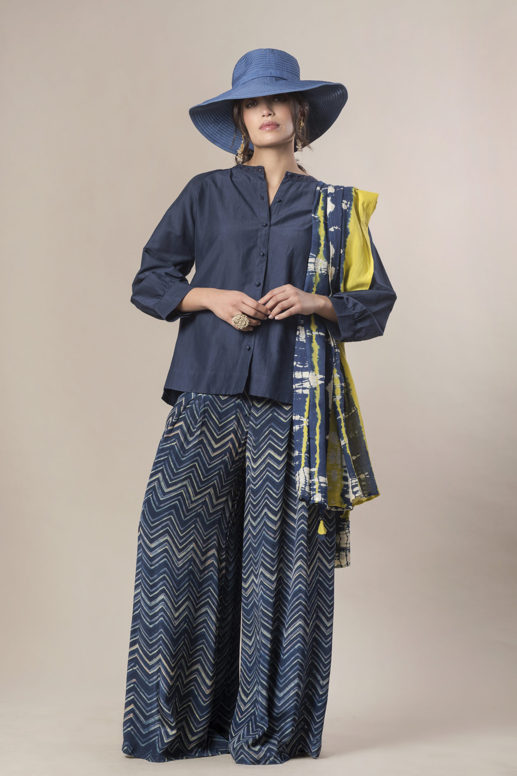 Camicia cotone / Pantaloni Palazzo block print / stola TIE & DYE
